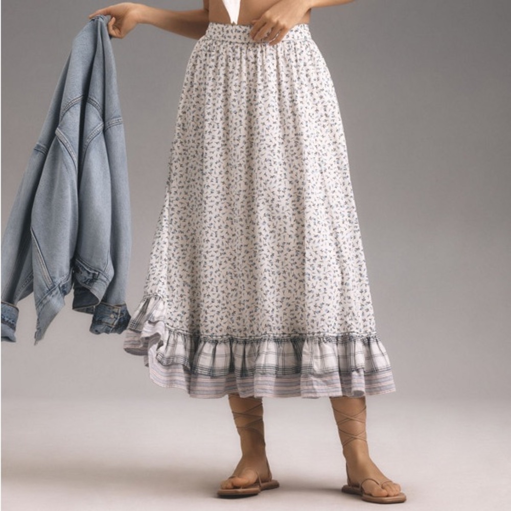 NWT! ✨ Floral Patchwork Linen Petticoat Midi Skirt